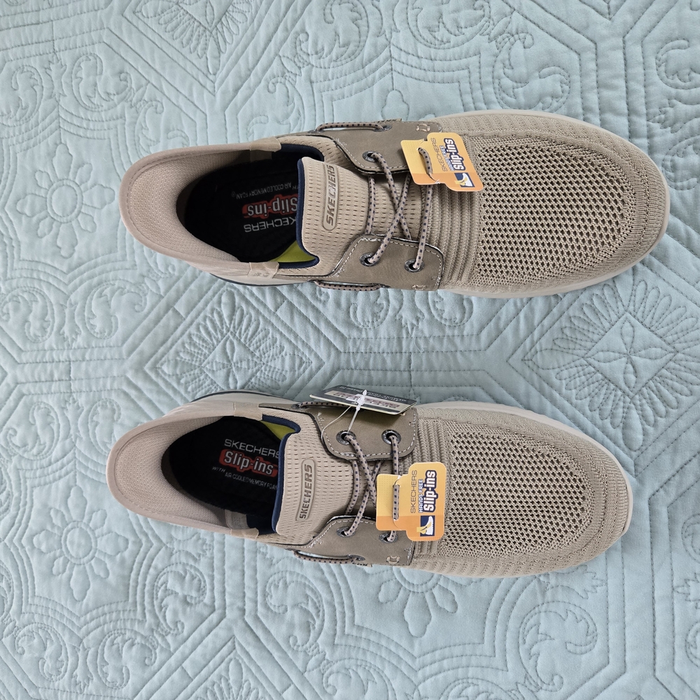 Skechers Slip Ins, Tan Boat Shoes with Breathable Upper and Streamlined Design.